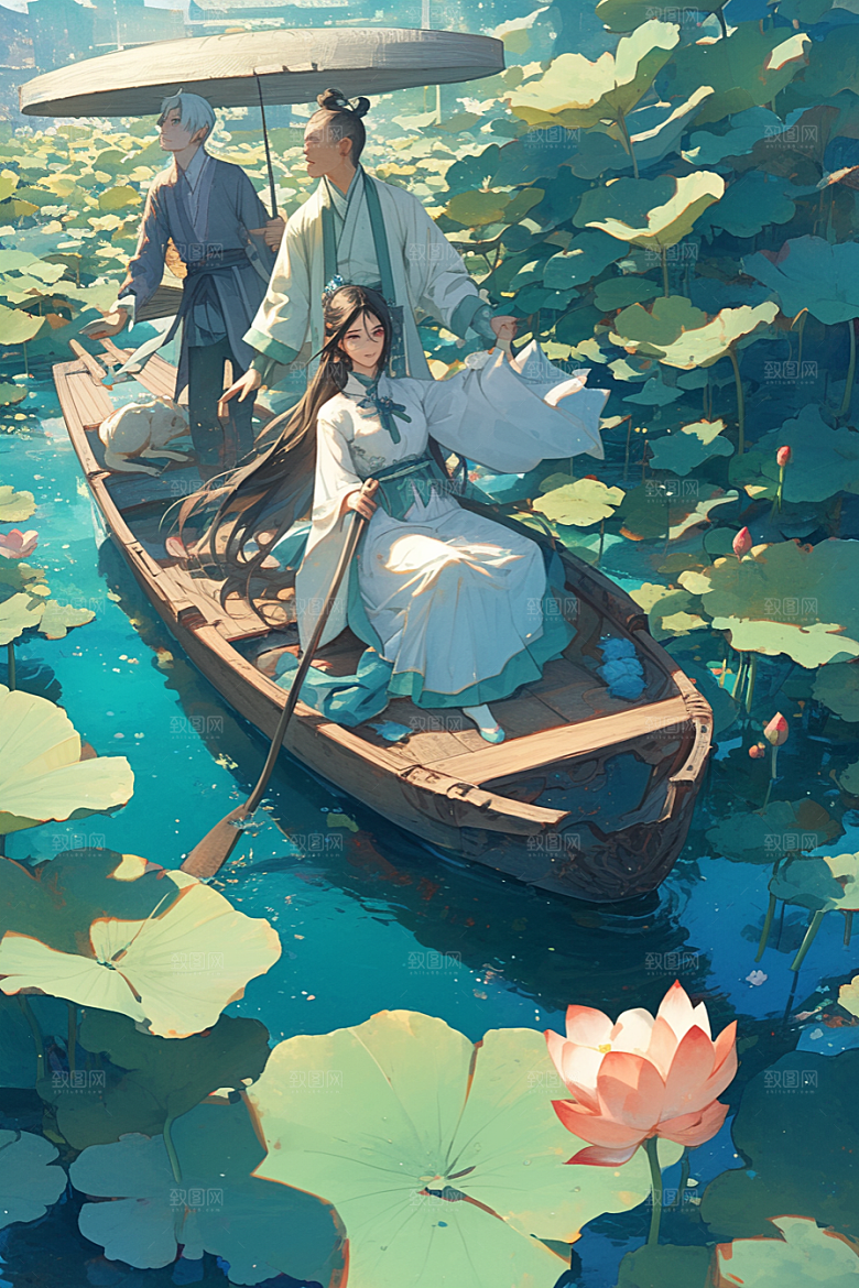 夏日赏荷美景中国风插画