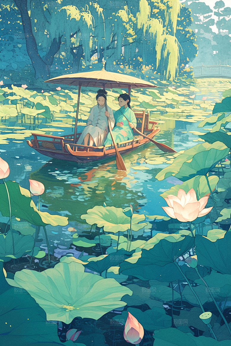 夏日赏荷游船景色插画