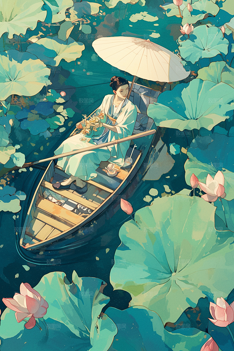 夏日赏荷美景景色插画
