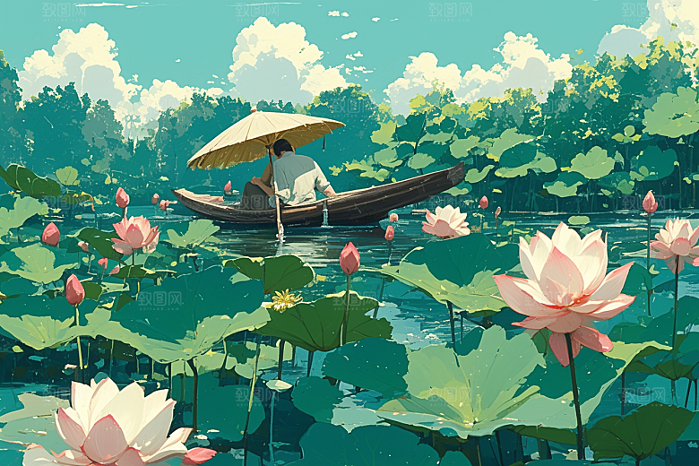 夏日赏荷高清游船插画