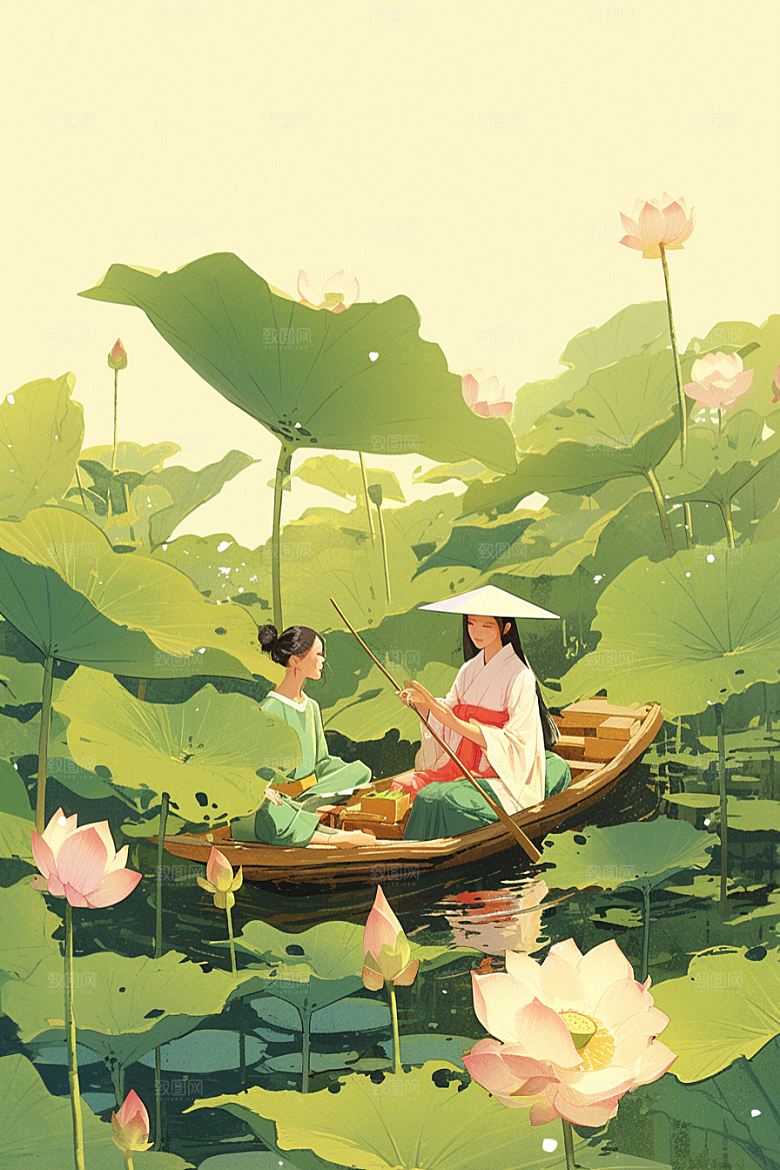 夏日赏荷莲华美景插画
