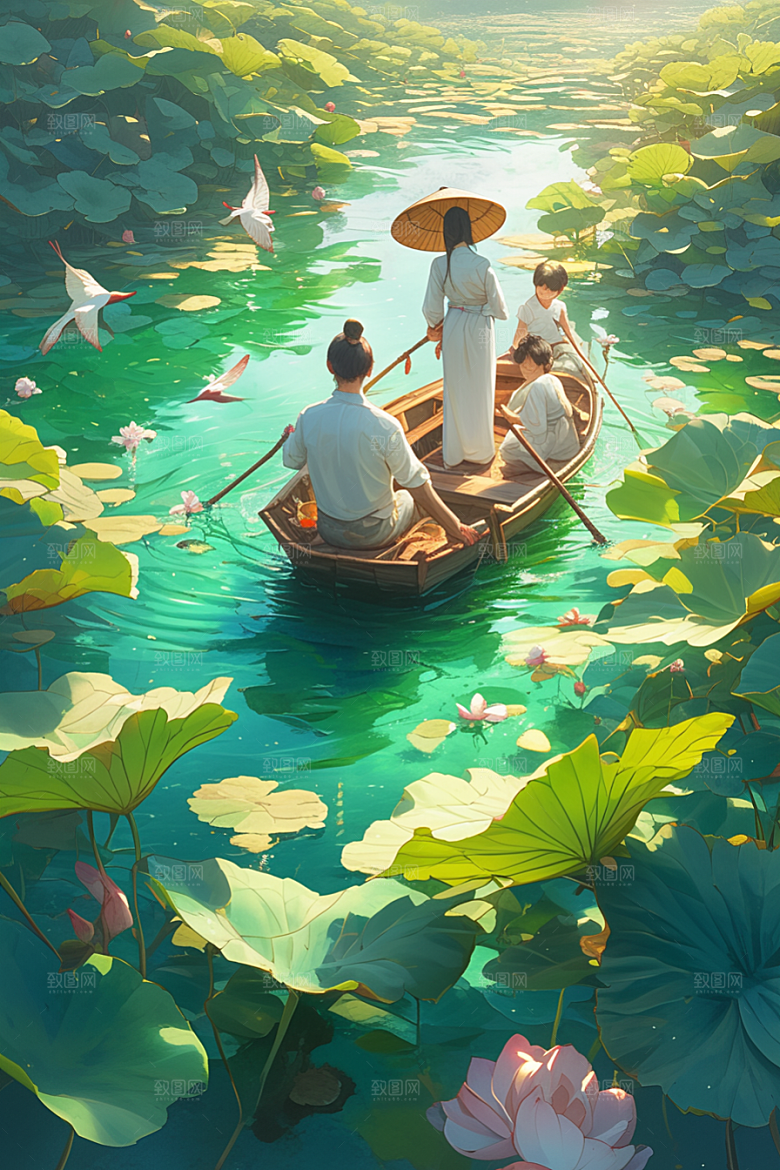 夏日赏荷夏天莲华插画