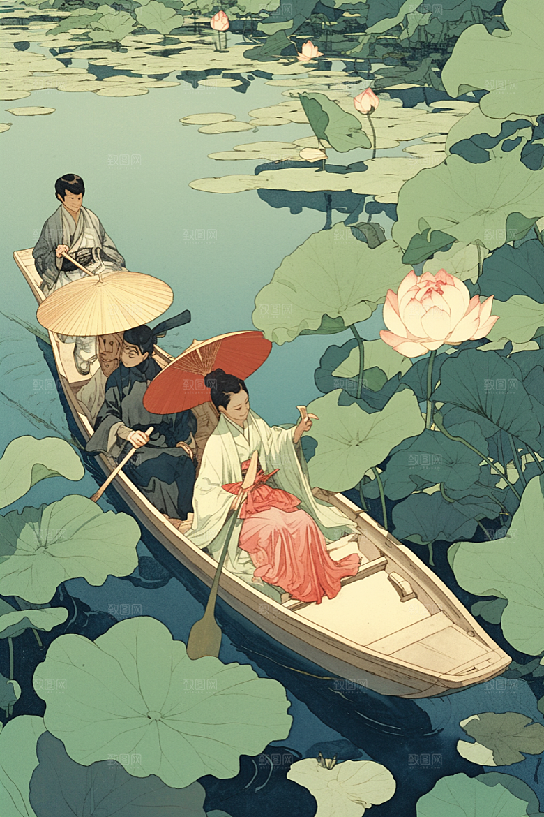 夏日赏荷夏季高清插画
