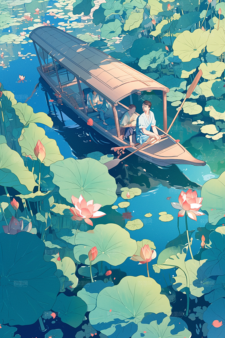 夏日赏荷乘船手绘插画