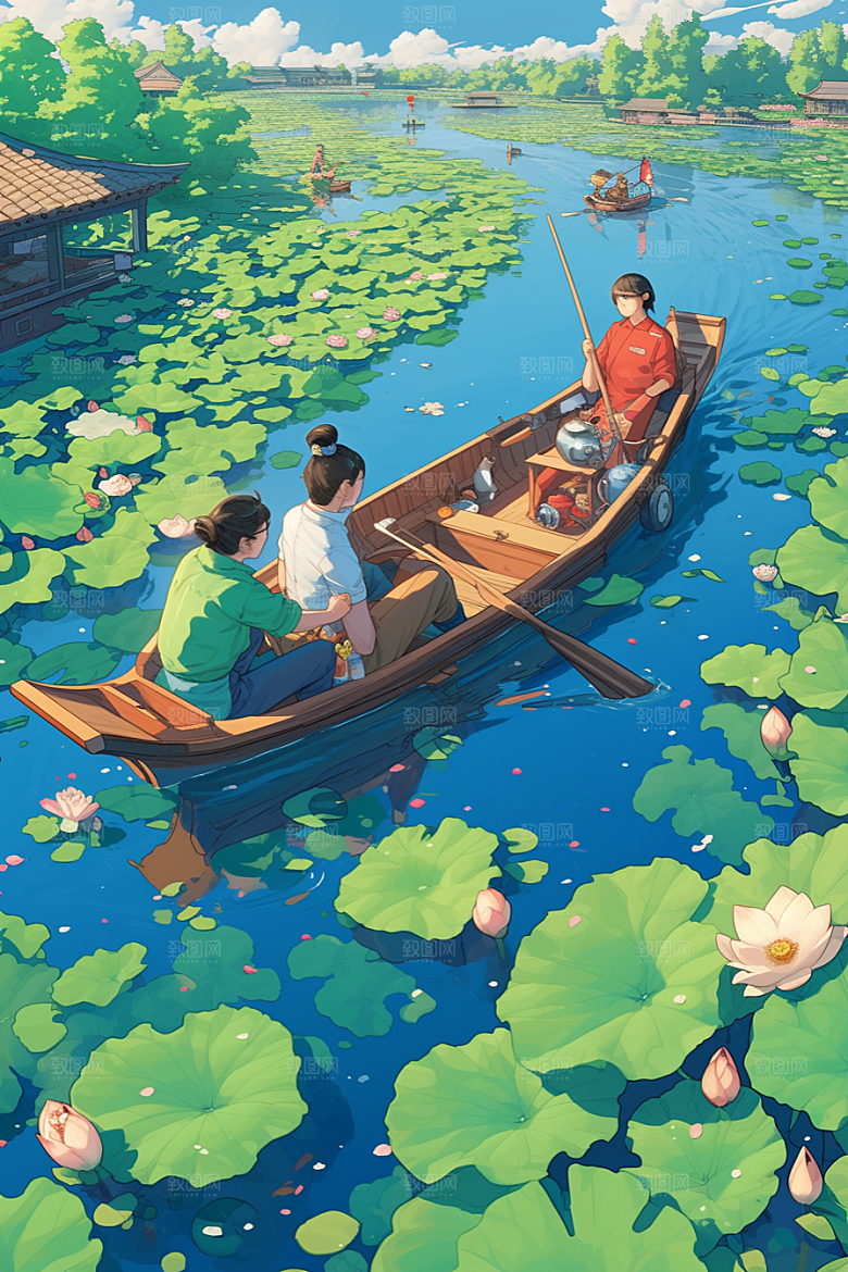 夏日赏荷夏天荷塘插画