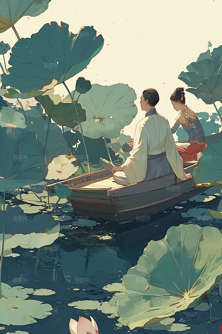 夏日赏荷夏天乘船插画