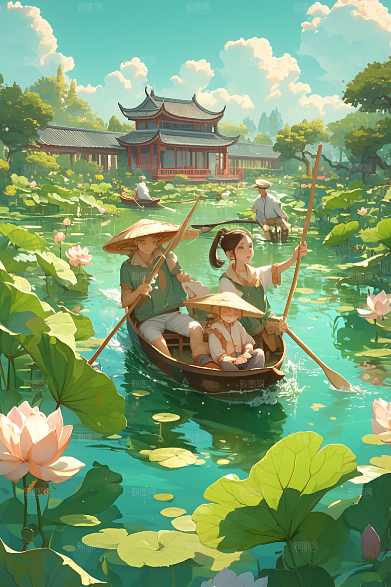 夏日赏荷手绘莲华插画