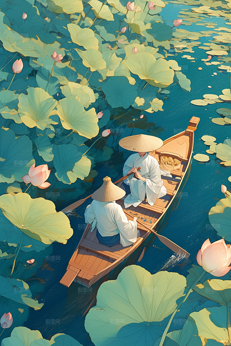 夏日赏荷莲华夏季插画