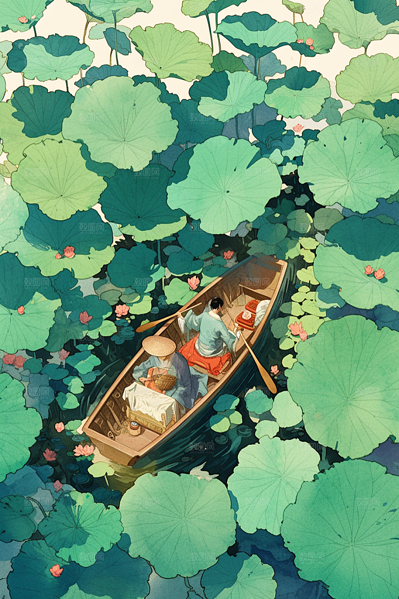夏日赏荷自然美景插画