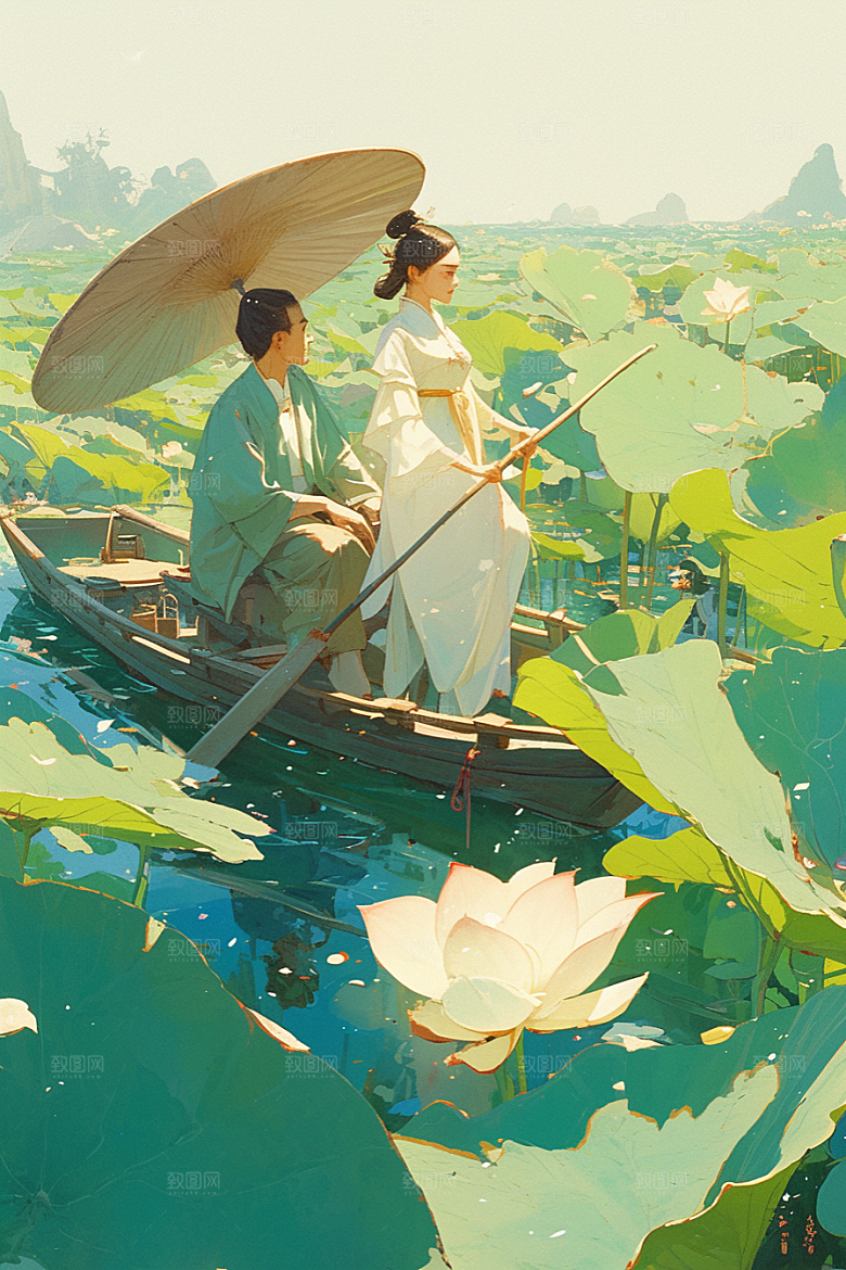 夏日赏荷中国风夏天插画