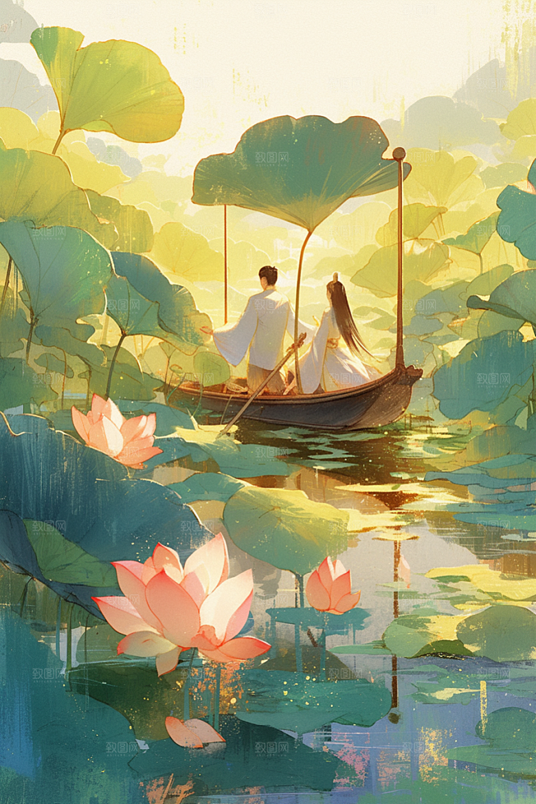 夏日赏荷乘船赏花插画