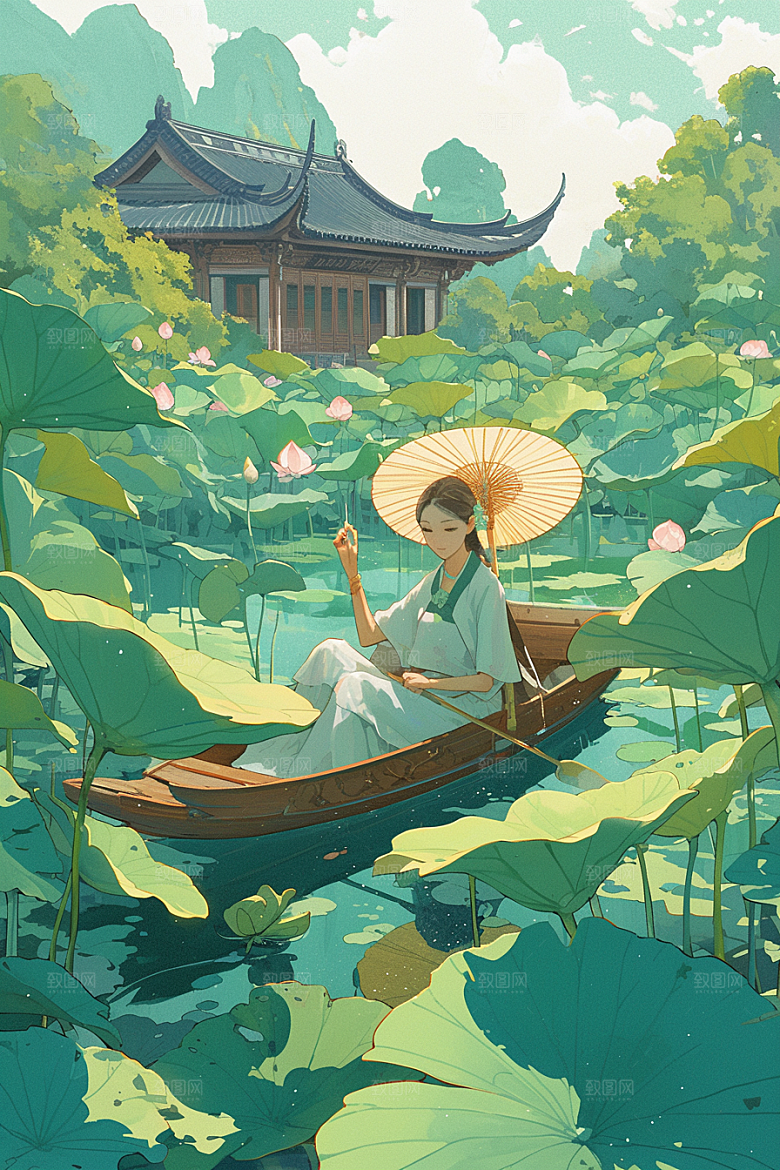 夏日赏荷景色高清插画