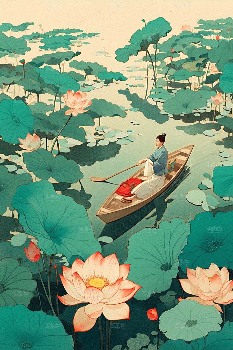 夏日赏荷中国风乘船插画