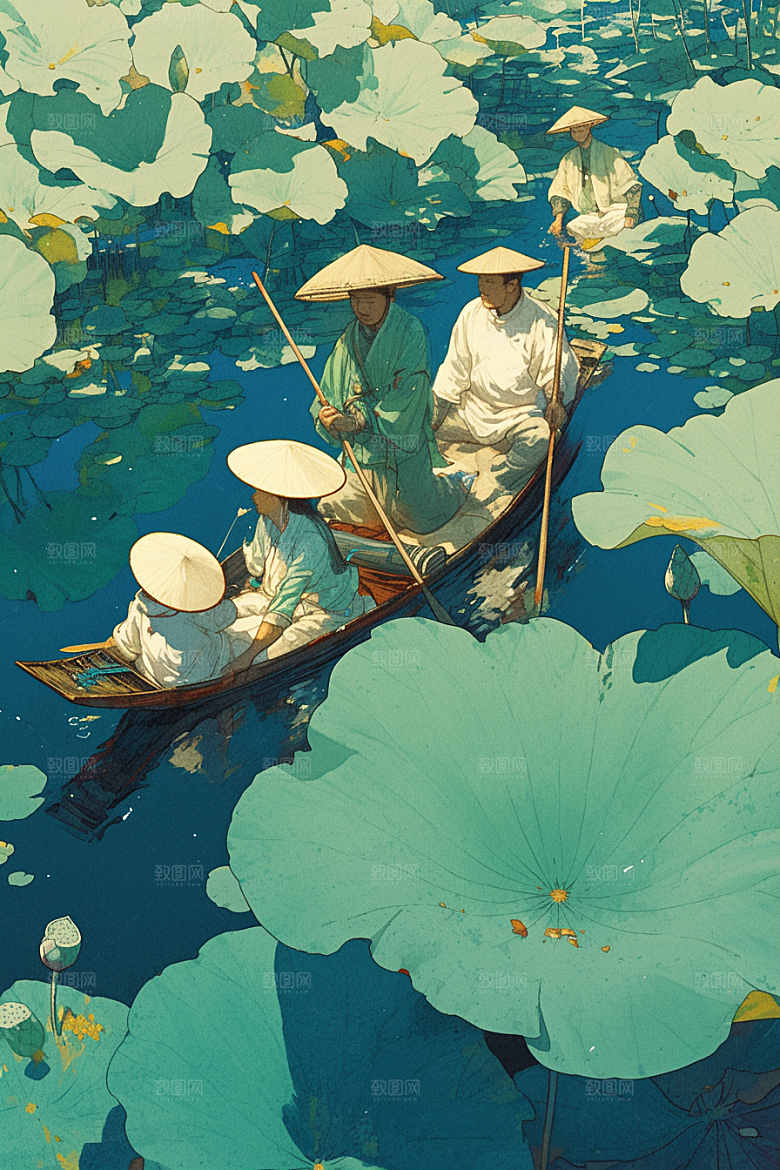 夏日赏荷赏花中国风插画