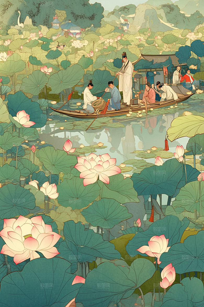 夏日赏荷游船景色插画