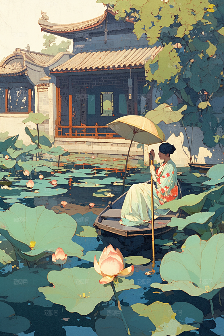 夏日赏荷乘船莲华插画