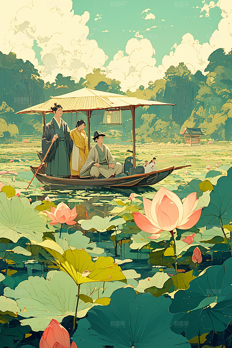 夏日赏荷池塘景色插画