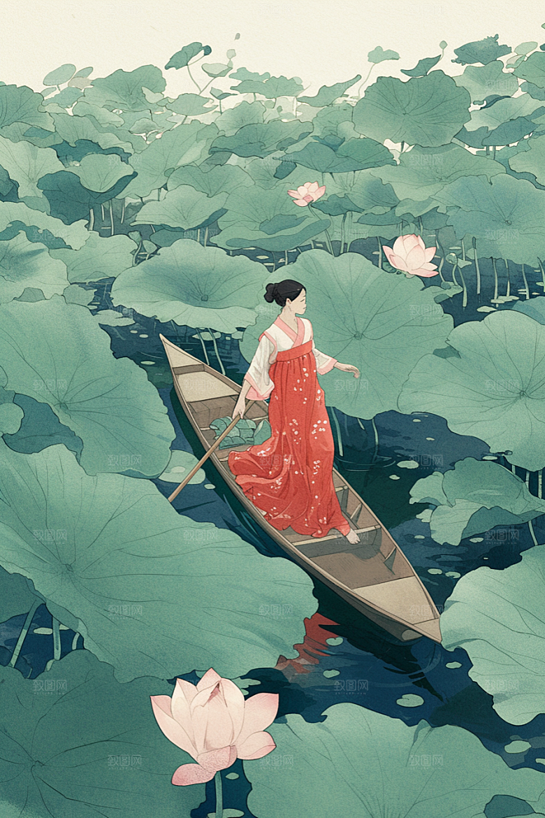 夏日赏荷夏季高清插画