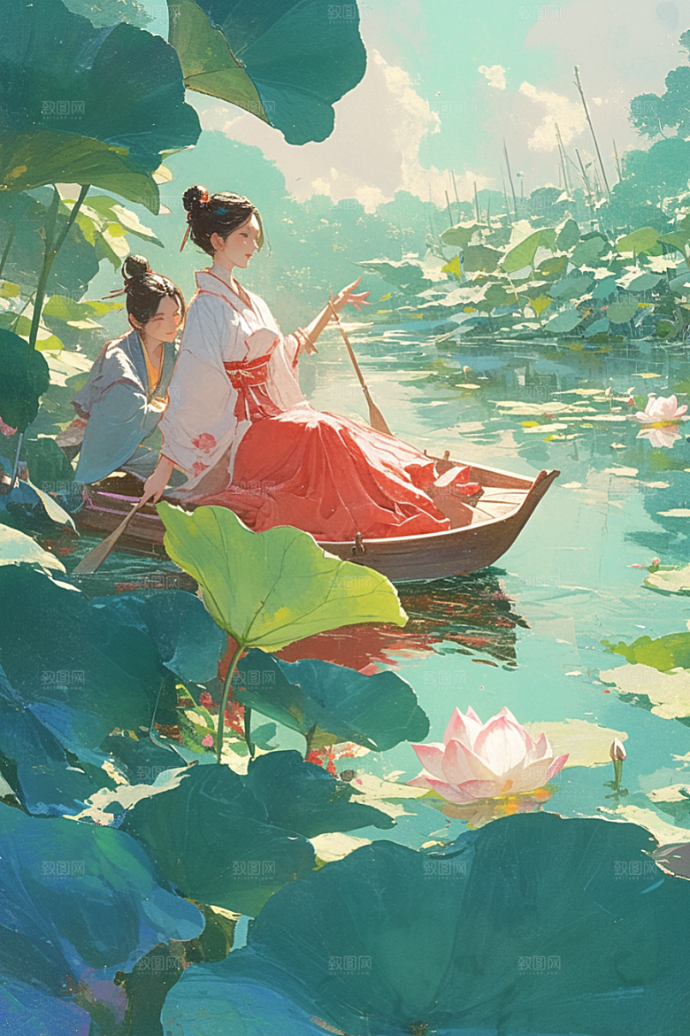 夏日赏荷自然中国风插画