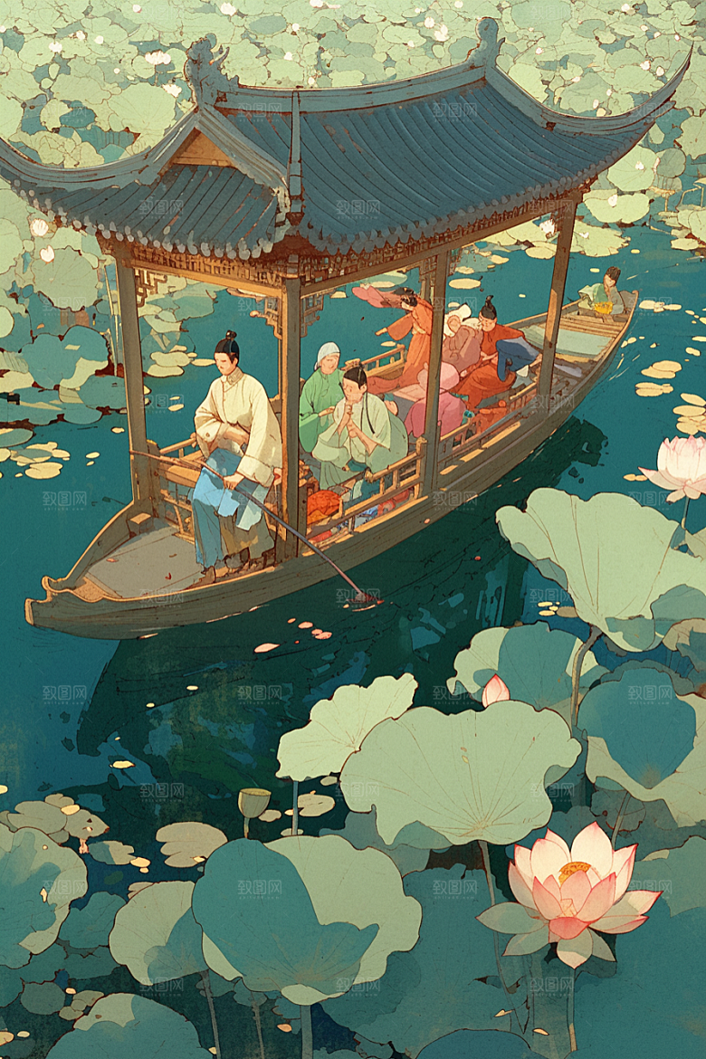 夏日赏荷夏季高清插画