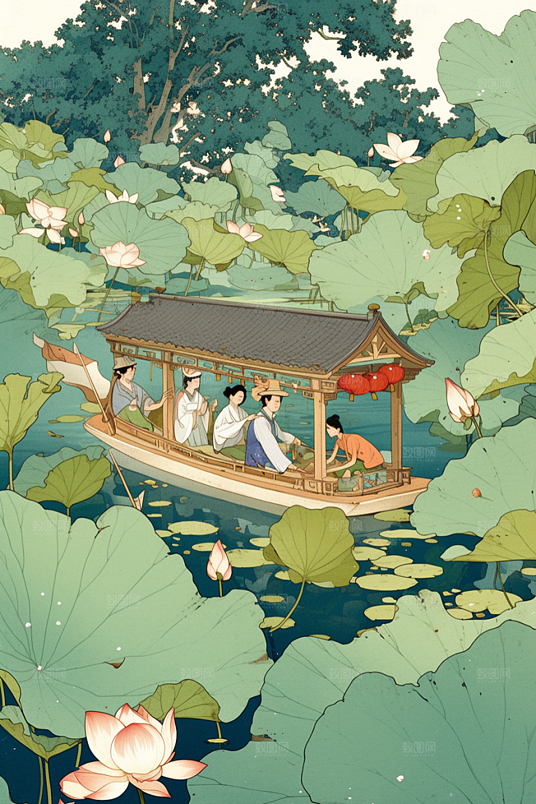 夏日赏荷中国风池塘插画