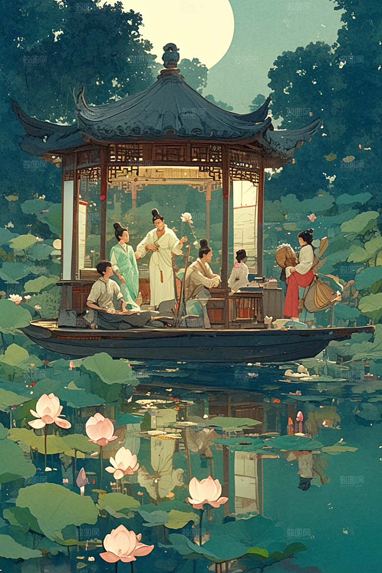 夏日赏荷景色手绘插画