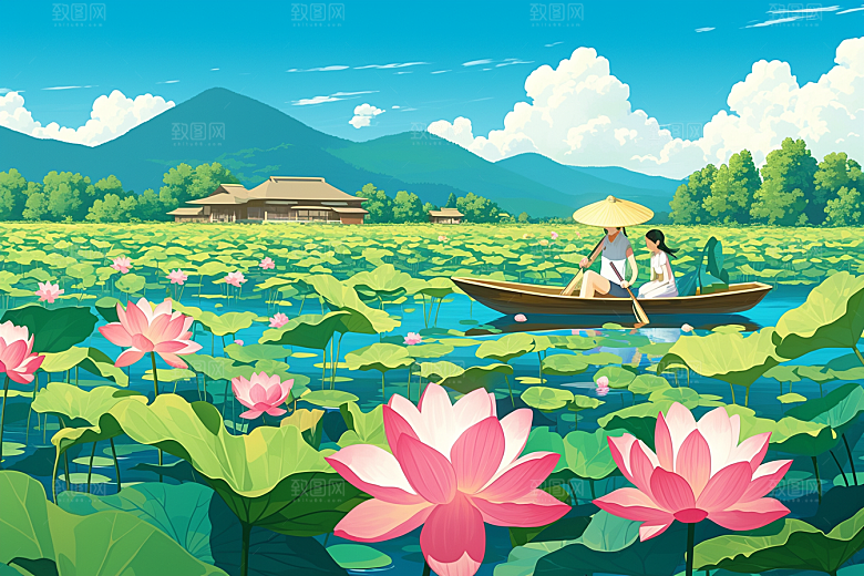 夏日赏荷夏天自然插画