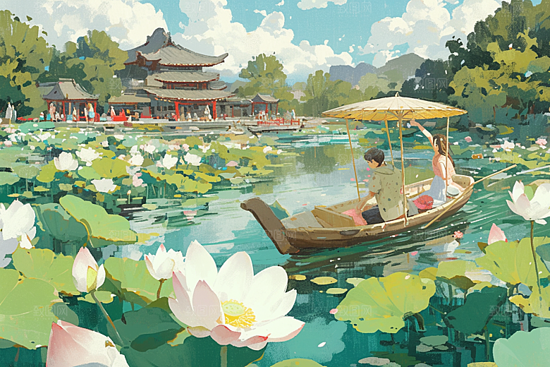 夏日赏荷游船美景插画