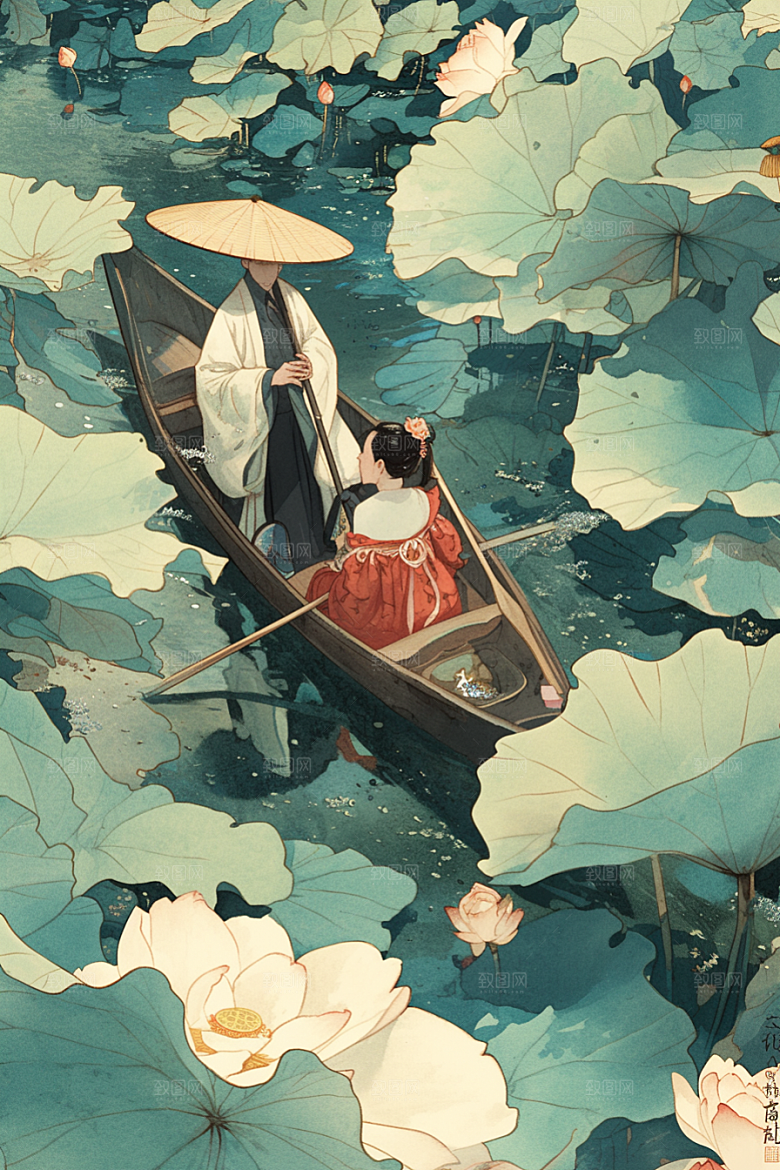 夏日赏荷乘船荷塘插画
