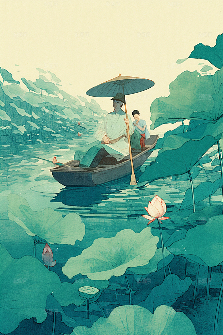 夏日赏荷游船乘船插画