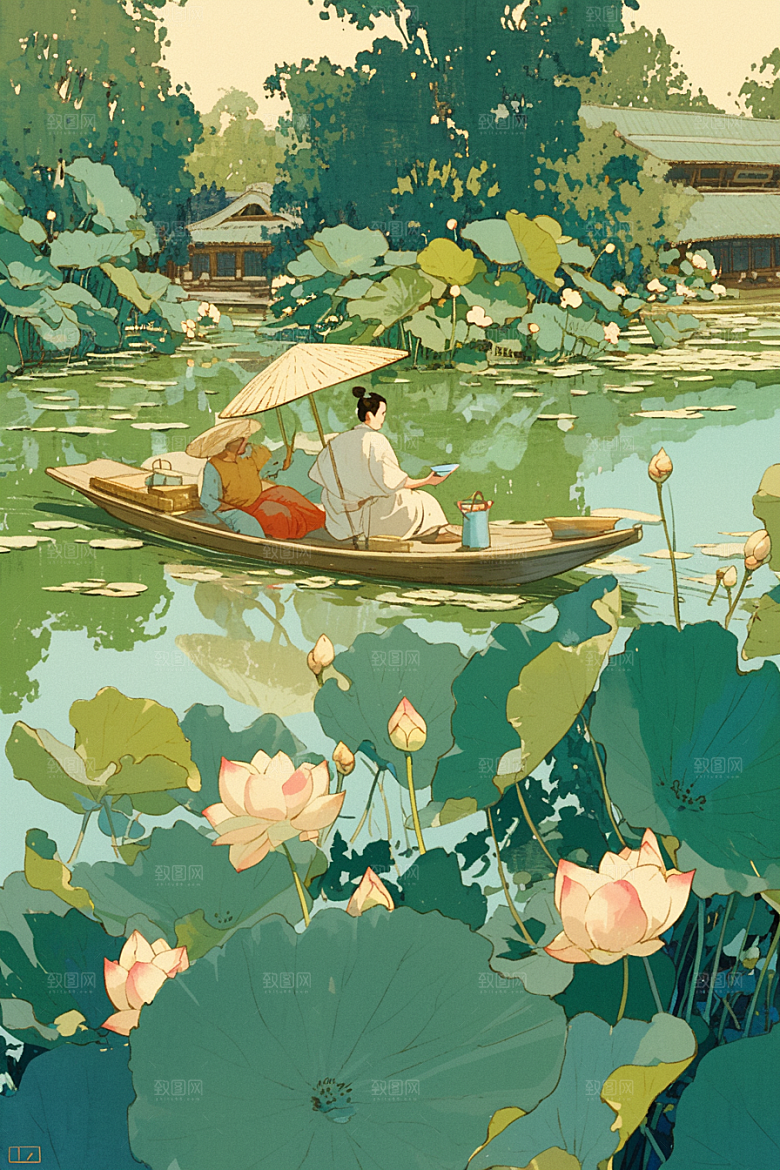夏日赏荷游船夏天插画