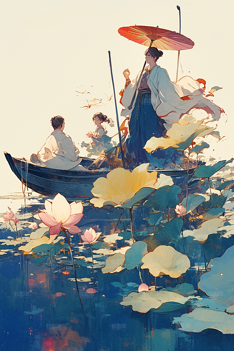夏日赏荷自然景色插画