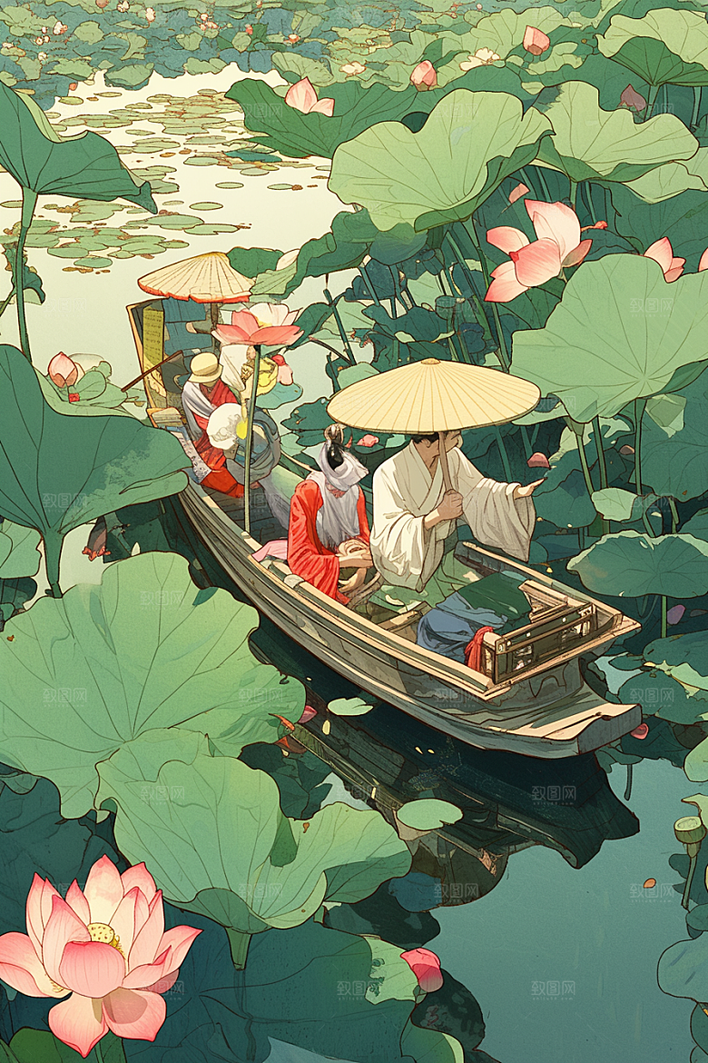 夏日赏荷莲华荷花插画