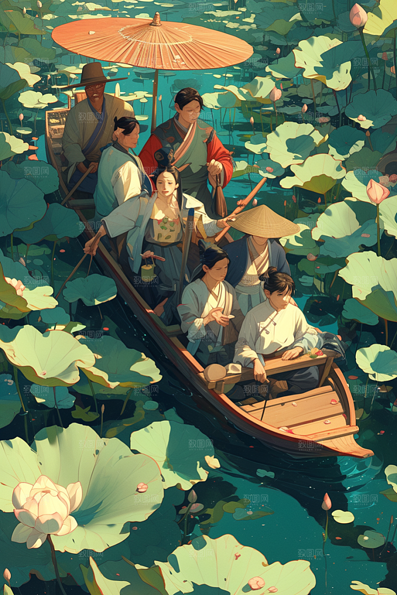 夏日赏荷中国风乘船插画