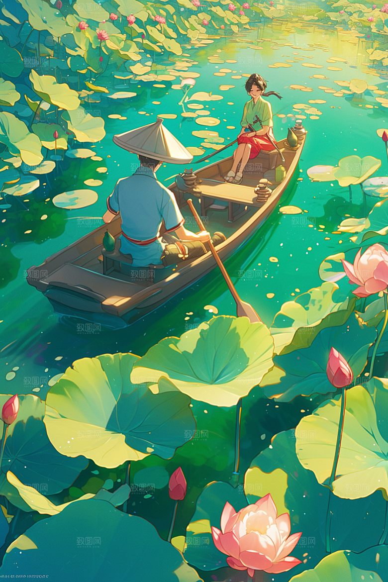 夏日赏荷手绘景色插画