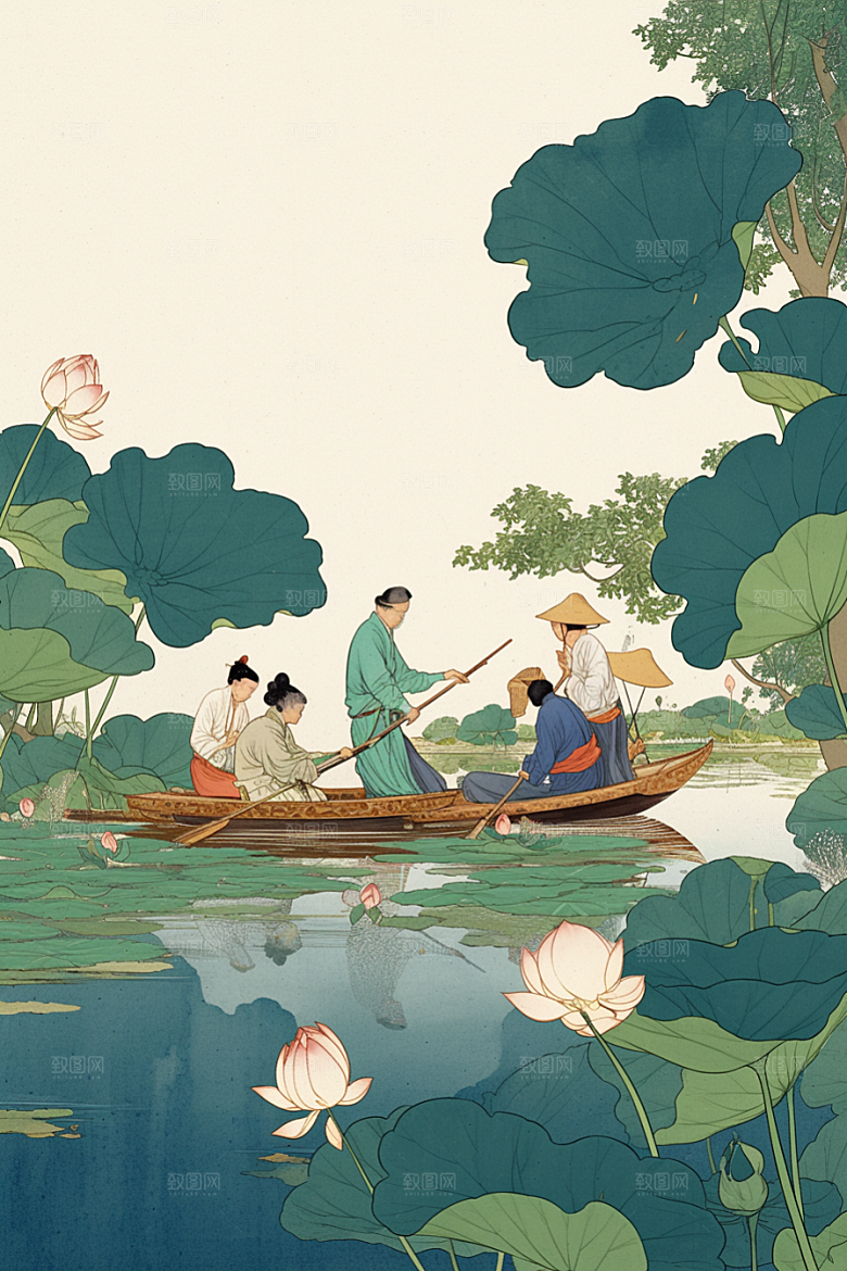 夏日赏荷手绘夏天插画