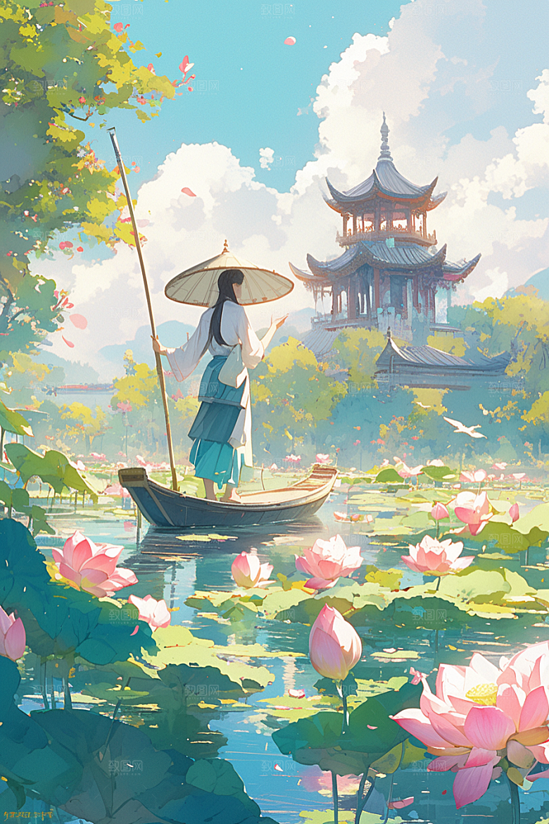 夏日赏荷乘船夏天插画