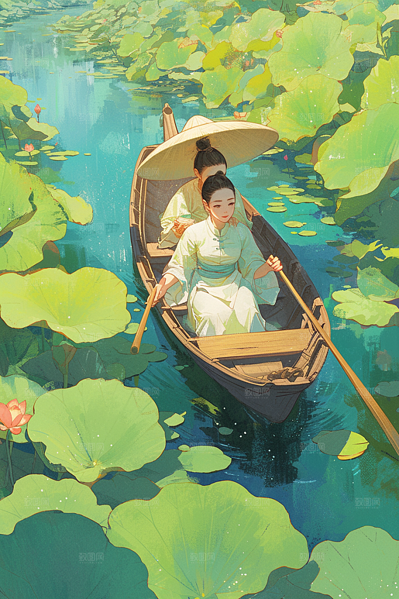 夏日赏荷美景夏季插画