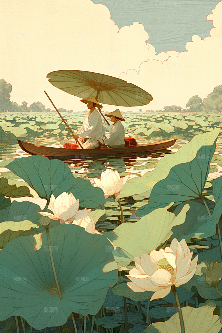 夏日赏荷夏天自然插画