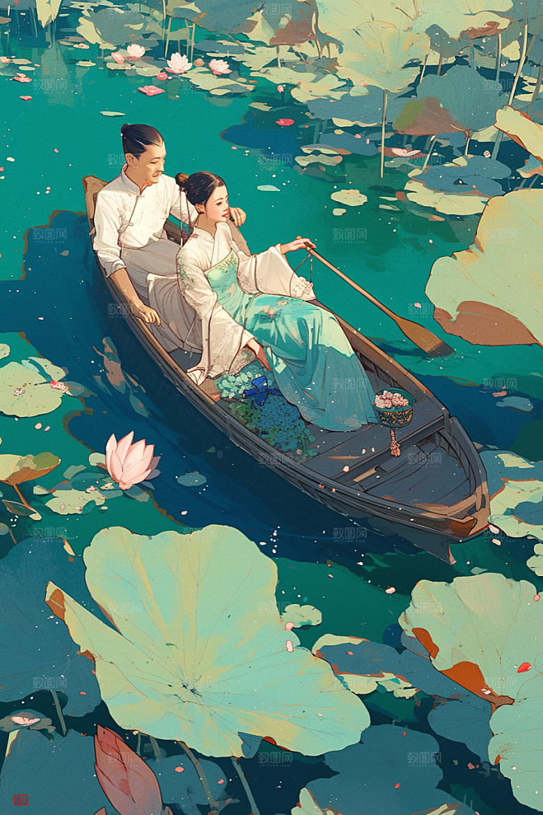夏日赏荷夏天高清插画