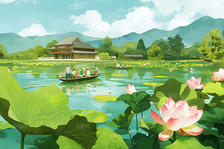 夏日赏荷乘船景色插画
