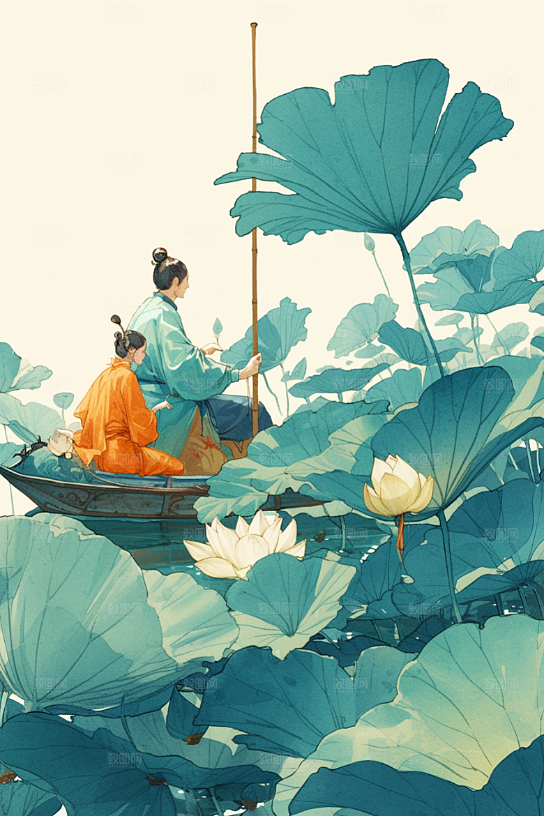 夏日赏荷夏季中国风插画