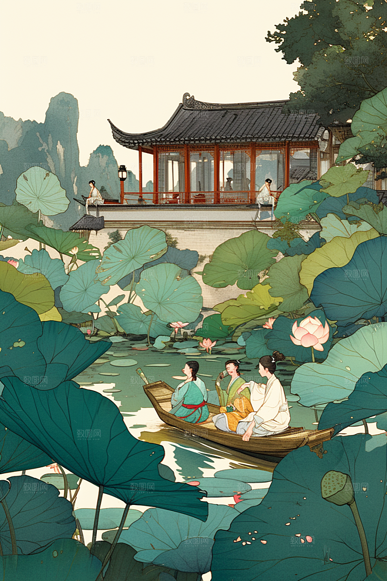 夏日赏荷池塘景色插画