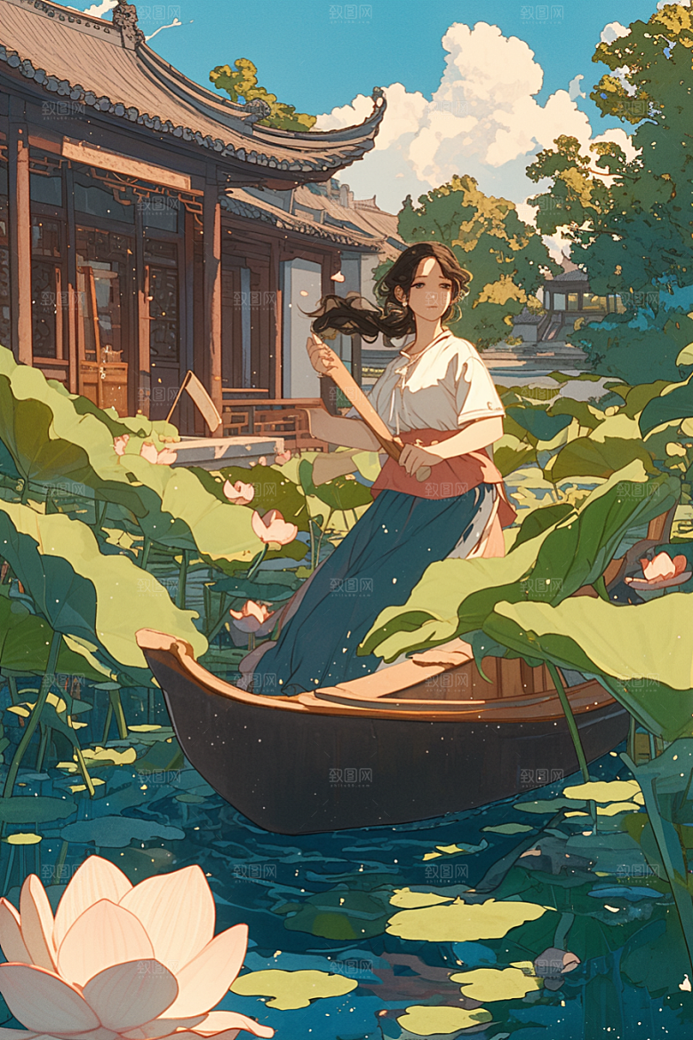 夏日赏荷中国风荷塘插画