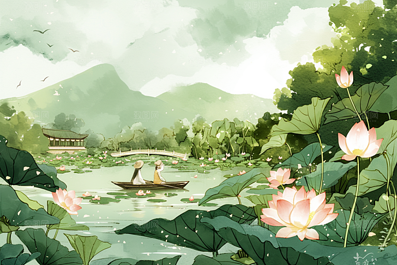 夏日赏荷中国风池塘插画