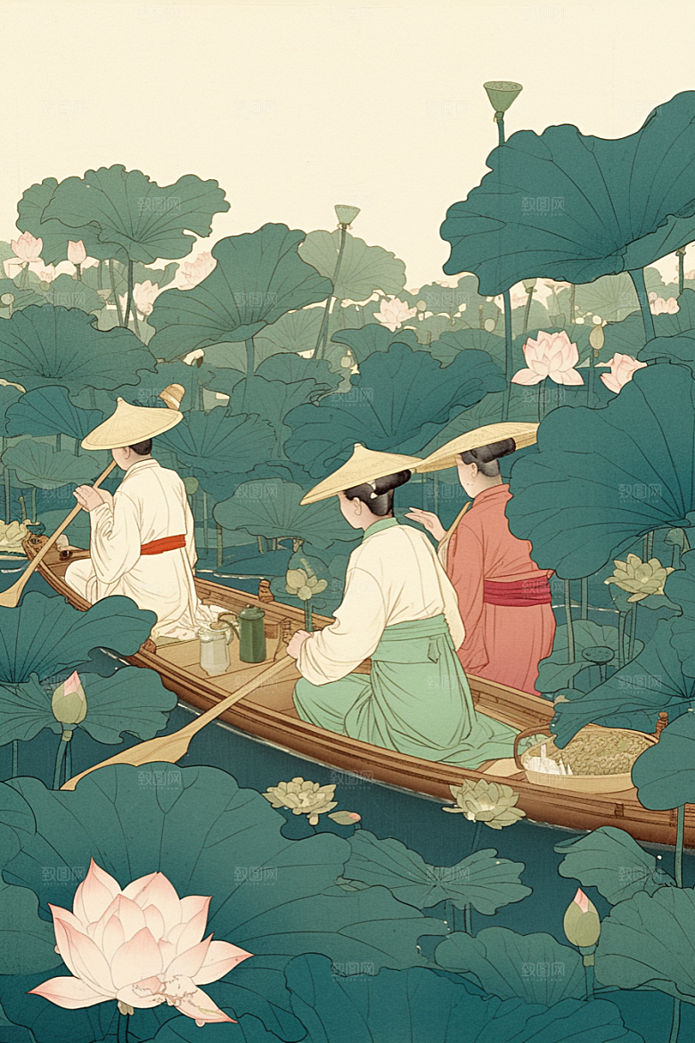 夏日赏荷中国风荷花插画