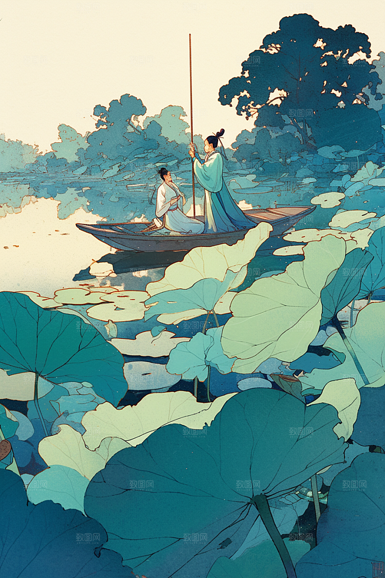 夏日赏荷莲华景色插画
