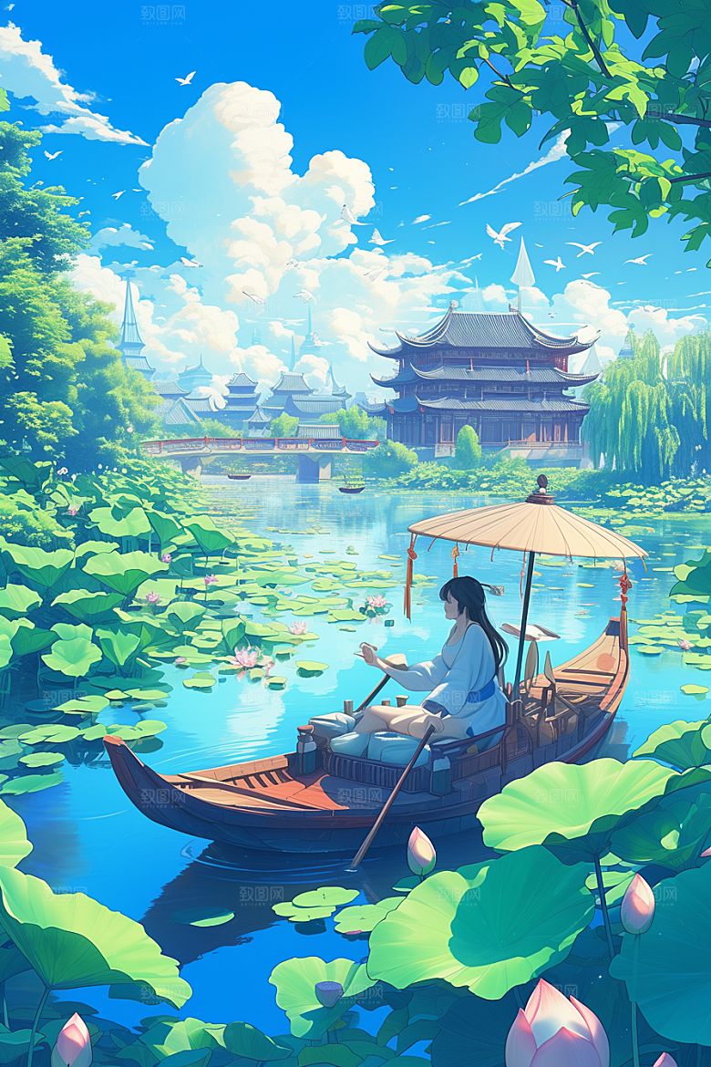 夏日赏荷夏天荷花插画