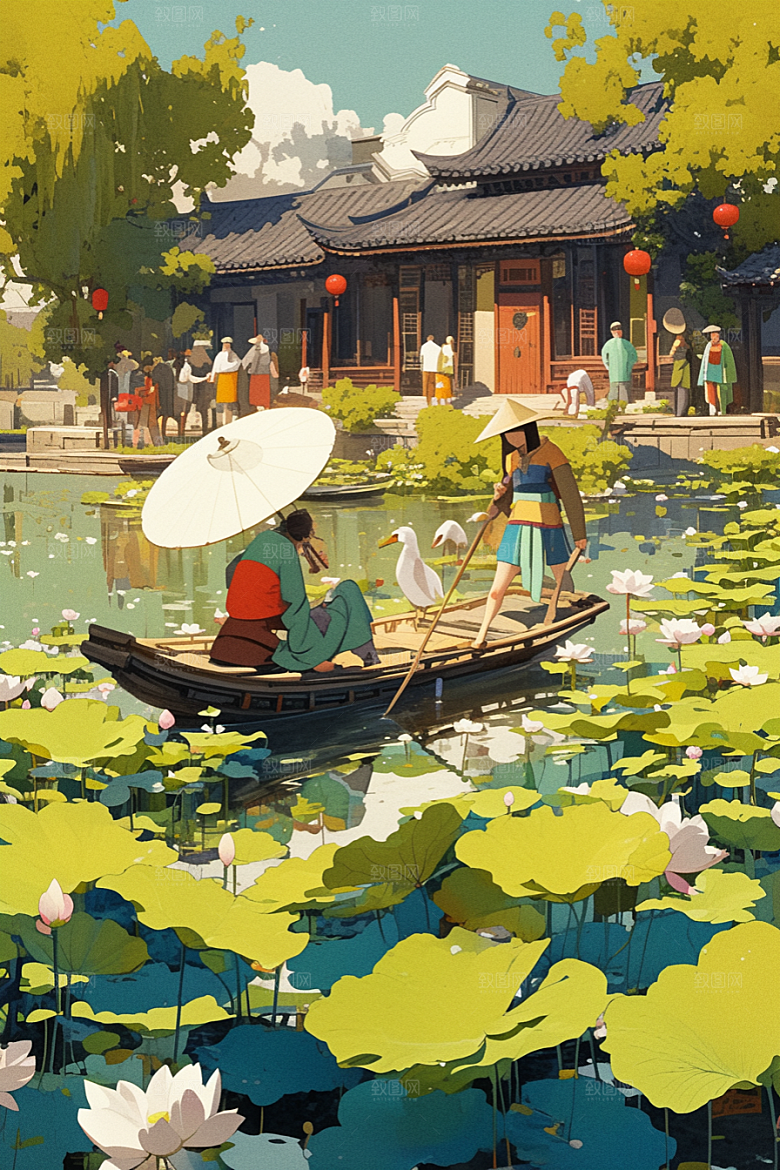 夏日赏荷夏季中国风插画
