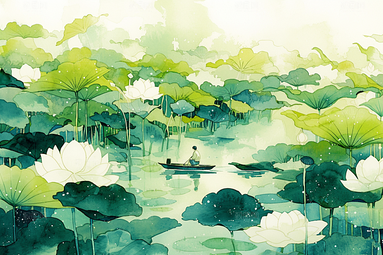 夏日赏荷景色游船插画